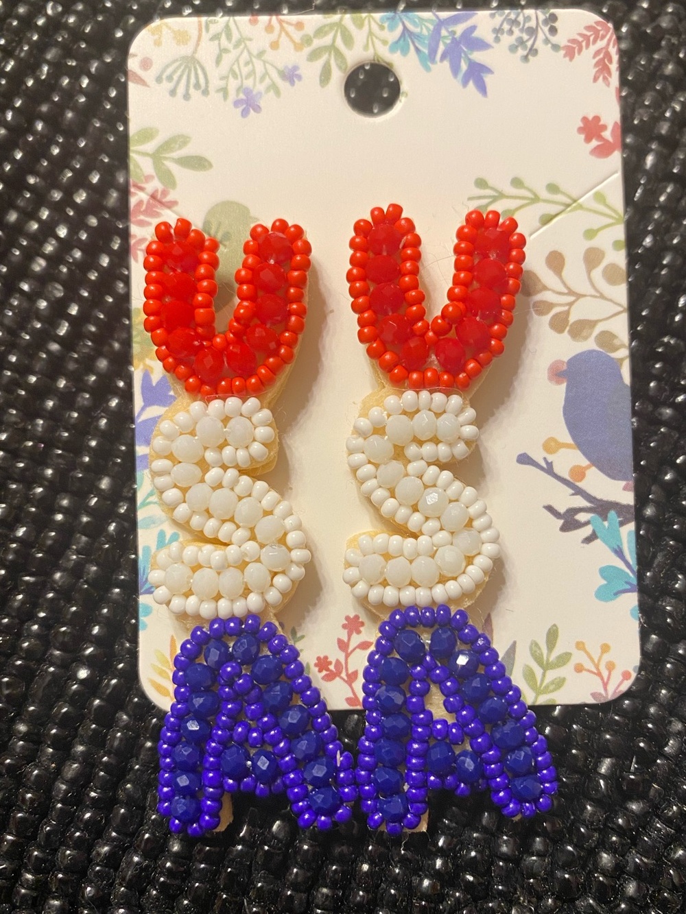Beaded Statement USA Earrings in Red, White & Blue Felted Back Lightweight NEW